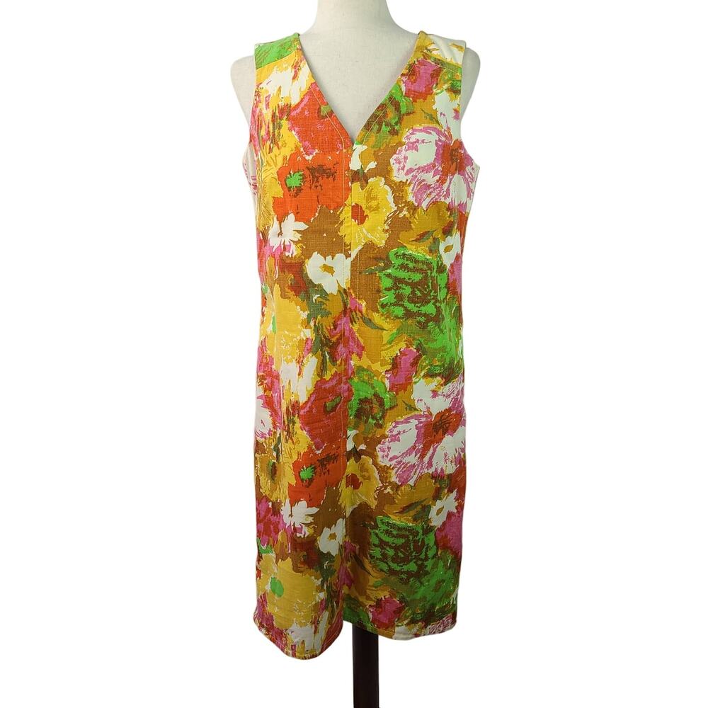Talbots Pink Green Red Yellow Abstract Floral Lined Sleeveless Dress 8